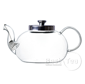 Стеклянный чайник округлой приплюснутой формы с металлической крышкой - фото - 1